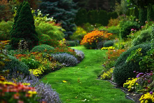 A green path through a garden with colorful flowers photo