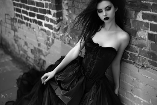 A young woman wearing a flowing black gown leans elegantly against a rustic brick wall, capturing a moody and artistic vibe during an outdoor shoot in soft lighting photo