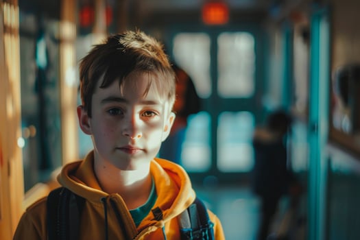 A young boy wearing a bright yellow hoodie looks thoughtfully into the distance in a school hallway. Sunlight filters through the windows, casting shadows as classmates move nearby photo