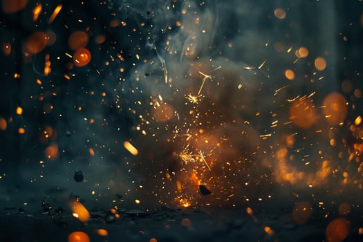 A burst of sparks and embers lights up the dark surroundings, creating a dramatic display of fiery energy in an urban area at night photo