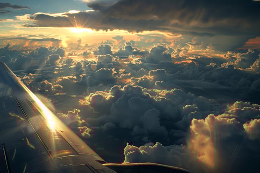 Golden sunlight streams through clouds at sunset, creating a mesmerizing spectacle above the horizon as seen from an airplane window during an evening flight photo