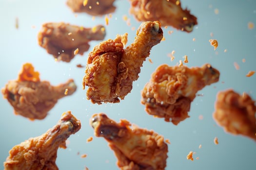 A collection of golden, crispy fried chicken drumsticks appears to float against a light backdrop, highlighting their savory texture and enticing appearance with some spices sprinkled around photo