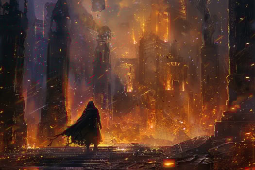 Amidst towering ruins, a solitary figure clad in dark clothing surveys a devastated landscape filled with swirling embers and flames at dusk photo