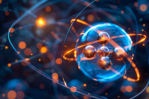 This illustration depicts an atom with orbiting electrons illuminated in blue and orange hues, creating a dynamic visualization of atomic structure photo
