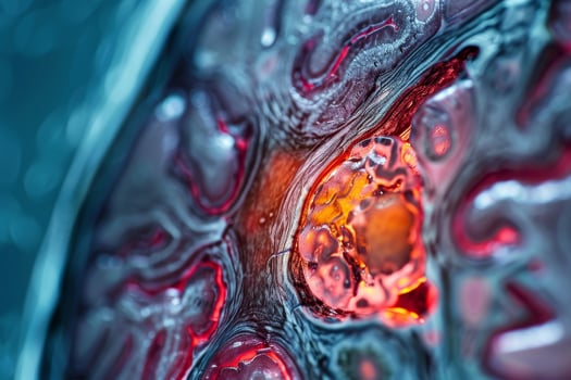 A close-up of a cellular structure reveals vibrant colors and complex patterns, highlighting the dynamic interactions and processes occurring within a microscopic environment photo