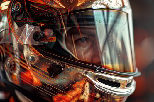 A racer focuses intently, wearing a striking helmet that reflects the vibrant atmosphere of a motorsport event. The scene captures the excitement and anticipation of competition photo