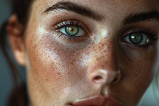 A close up of a woman with freckles on her face photo