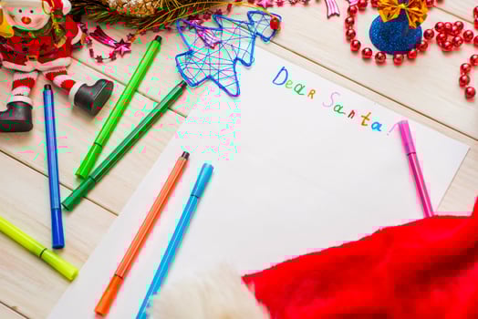 Child letter to Santa Claus with Christmas decorations and felt-tip pens photo