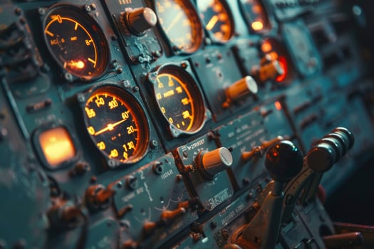 The cockpit of an airplane with many gauges photo