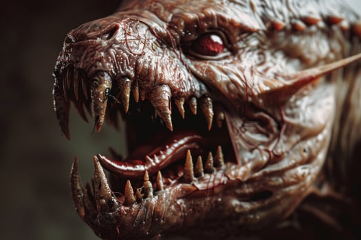 The creature exudes terror with its jagged teeth and glowing eyes, set against a dimly lit backdrop that enhances its fierce presence and dramatic detail photo