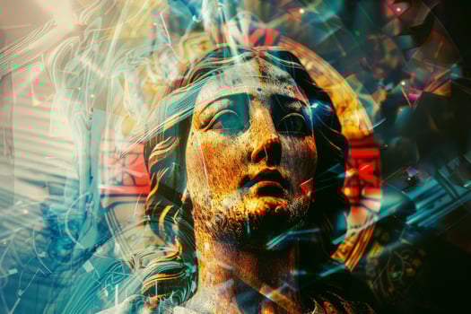 The artwork showcases a striking wooden statue of a religious figure, illuminated by colorful light effects, surrounded by intricate patterns and designs that enhance its spiritual aura photo