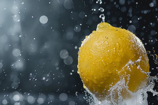 A bright yellow lemon is captured mid-splash as water droplets surround it, creating a refreshing and energetic atmosphere in the setting photo