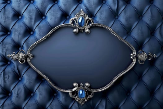A refined blue tufted surface serves as a backdrop, enhanced by a decorative silver frame. The frame features intricate designs, suitable for displaying text or art photo