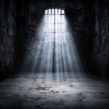 Dramatic light shining through barred window in dark abandoned building photo