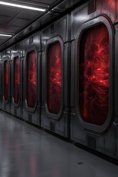 Futuristic sci fi corridor with glowing red panels photo