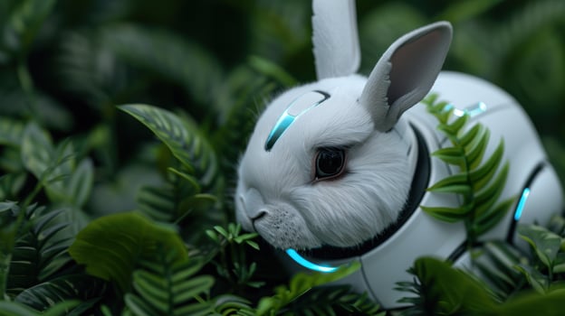 Cute white rabbit in lush green foliage photo