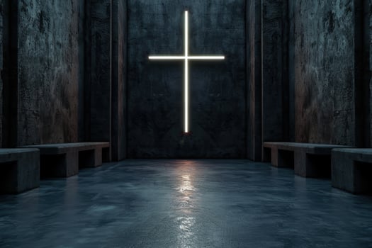 Dramatic cross in dark church interior photo