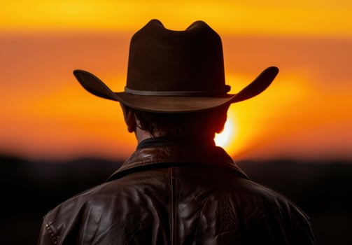 Silhouette of a person wearing a cowboy hat against a vibrant sunset photo