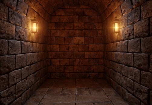 Mysterious stone corridor with glowing lights photo