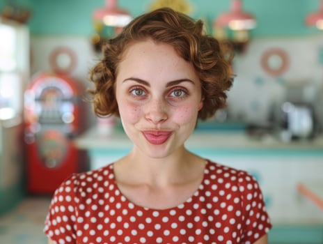 Smiling woman with curly hair in retro style polka dot dress photo