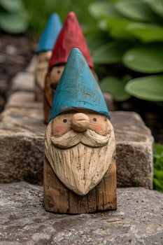 Whimsical wooden garden gnome figurine photo