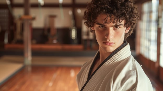 Serious young man in martial arts uniform photo