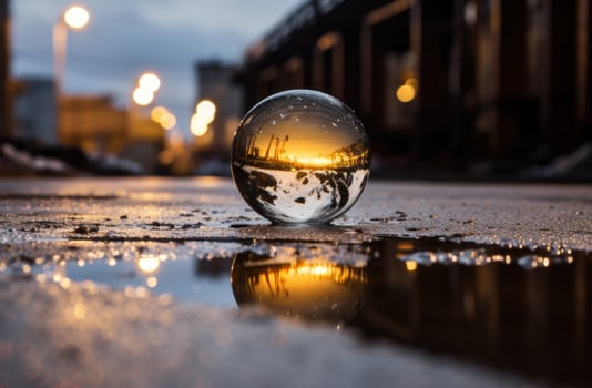 Reflection of city skyline in glass sphere on snowy ground photo
