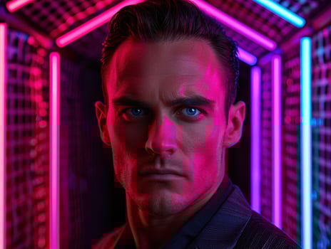 intense male face in neon lights photo