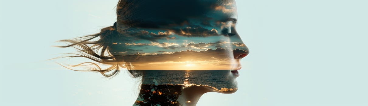 woman silhouette against sunset sky photo