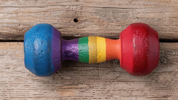 Colorful dumbbells on wooden background photo