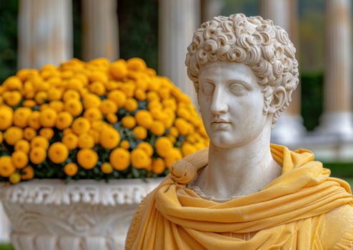 ancient marble bust with yellow flowers photo