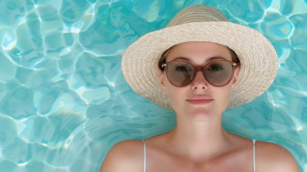 woman in sunglasses and straw hat in swimming pool photo