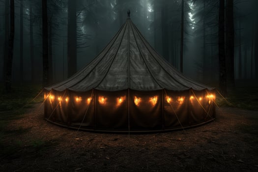 Mysterious glowing tent in dark forest photo