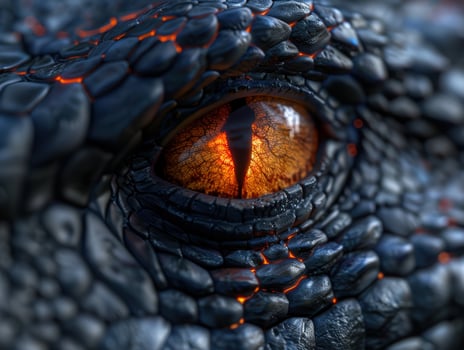 Fiery dragon eye surrounded by black scales photo
