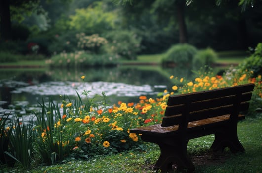 Peaceful garden scene with wooden bench and vibrant flowers photo