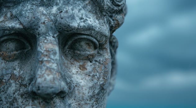 Weathered stone face sculpture with eyes closed photo