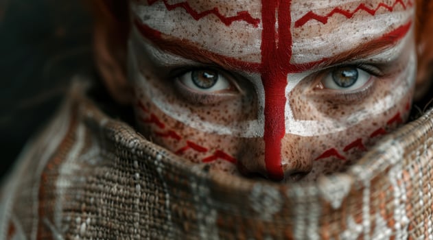 Mysterious warrior with red cross face paint photo