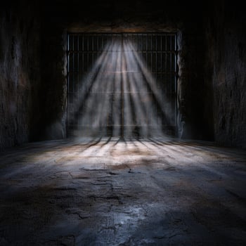 Dramatic light shining through prison bars photo
