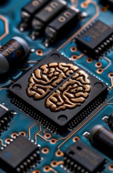Intricate electronic circuit board with brain shaped component photo