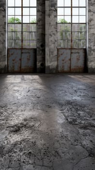 Abandoned industrial interior with cracked concrete floor and rusted metal doors photo