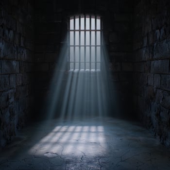 Dramatic light shining through prison cell window photo