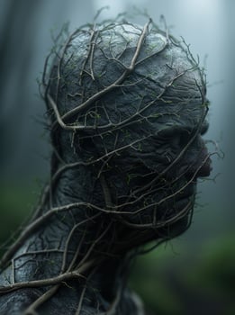 Twisted and tangled branches in a dark, moody forest photo