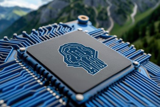 Futuristic circuit board with mountain landscape photo