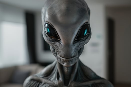 Close up of an alien face with large black eyes and wrinkled skin photo