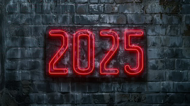 Glowing neon numbers 2025 on a dark brick wall photo