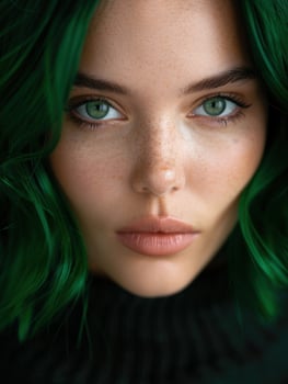 mysterious woman with green hair and piercing eyes photo