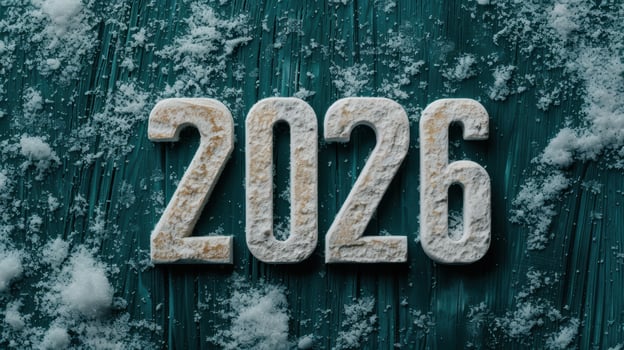 snowy winter 2026 text on wooden background photo