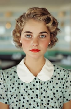 Retro style woman with curly hair and red lips photo