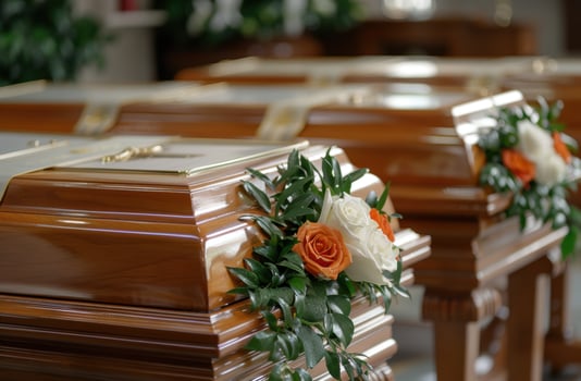 Funeral caskets with floral arrangements photo