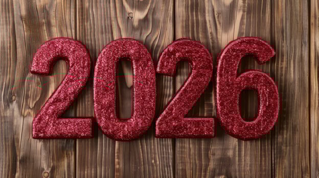 Glittering red 2020 numbers on wooden background photo